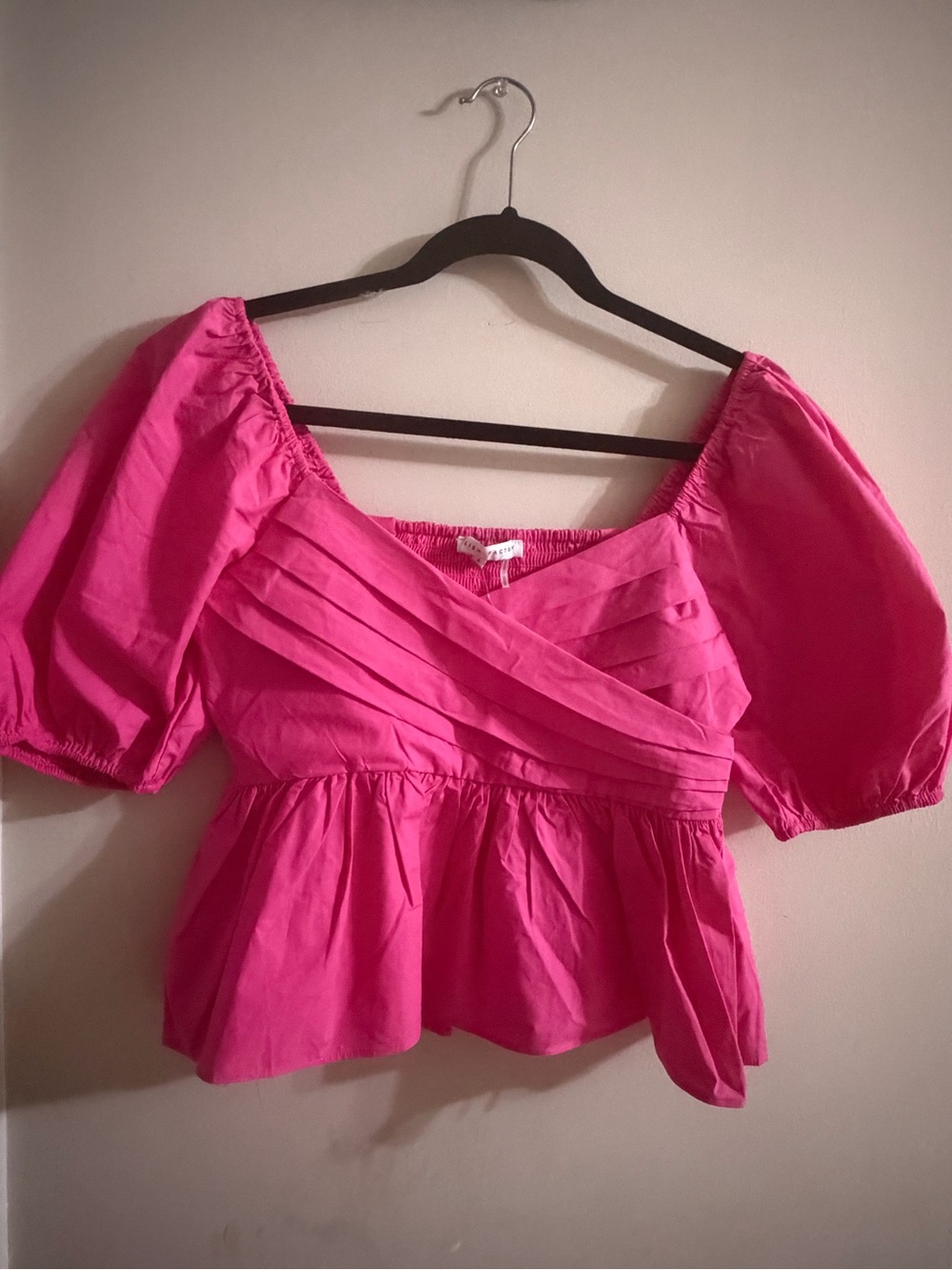 English Factory Hot Pink Puff Sleeve Peplum Top